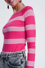 Fuchsia Striped Sweater With Boat Neck