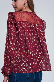 Print Ruffle Shoulder Maroon Shirt