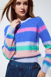 Multi Colored Sweater With Stripes Pink and Blue