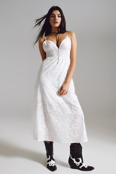 Long White Crochet Dress With Fitted Waist