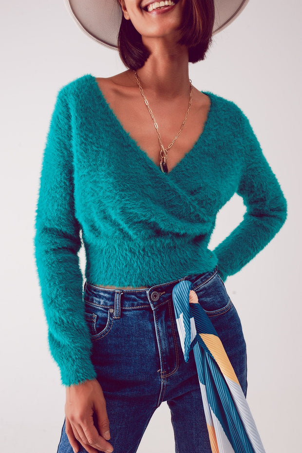 Fluffy v Neck Knit Jumper in Green