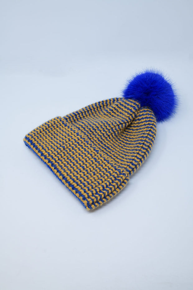 Knitted Beanie With Pom Pom in Blue and Yellow