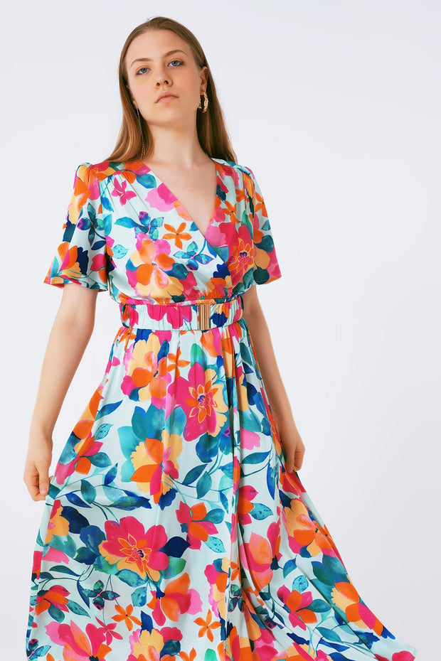 Belted Soft Satin Maxi Dress With Flower Print