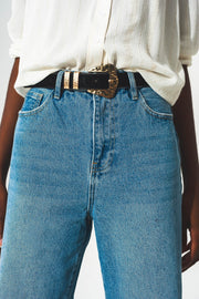 High Waist Straight Leg Jeans With Ripped Knee in Blue