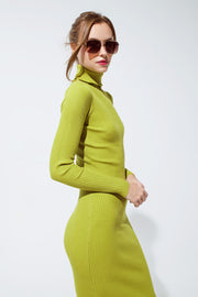 MIDI Dress in Green With Turtle Neck