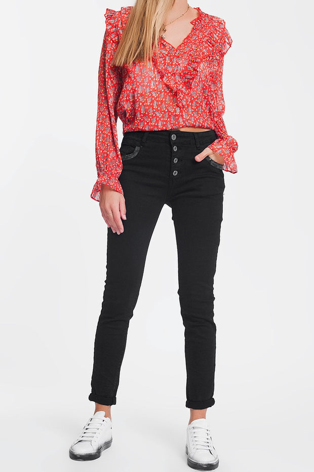 Black Boyfriend Pants With Sequin Pocket Detail