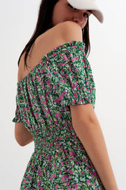 Mini Dress With Shirred Detail in Green Ditsy Floral Print