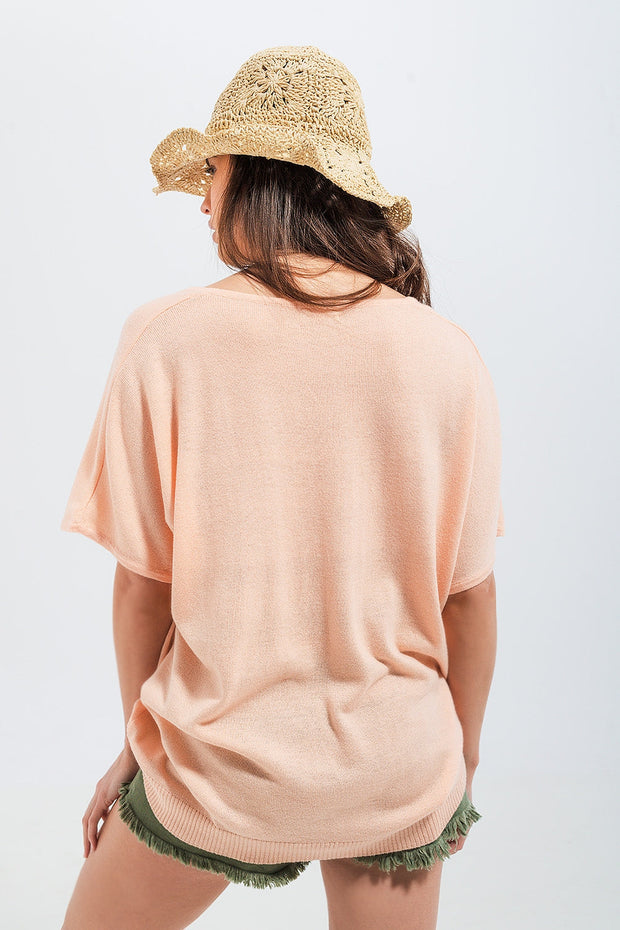 Short Sleeve Jumper in v Neck in Pink