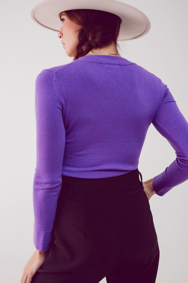 V Neck Fine Knit Jumper in Purple