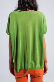 Short Sleeve Sweater in v Neck in Green