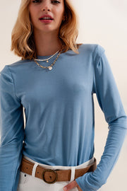 Long Sleeve Top With Shoulder Detail in Blue