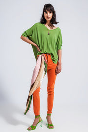 Short Sleeve Sweater in v Neck in Green