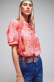 Oversized Button Down Shirt in Abstract Zebra Print in Orange and Fuchsia