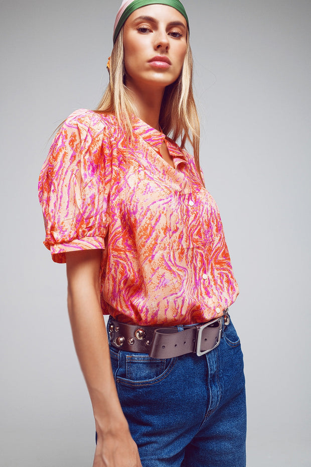 Oversized Button Down Shirt in Abstract Zebra Print in Orange and Fuchsia