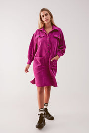 Cord Mini Shirt Dress in Fuchsia