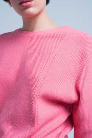 Pink Textured Sweater With Round Neck