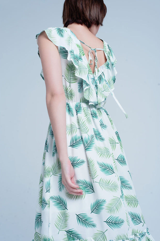 Green Printed Midi Dress With Ruches