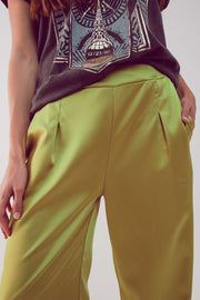 Wide Leg Satin Pants in Acid Lime