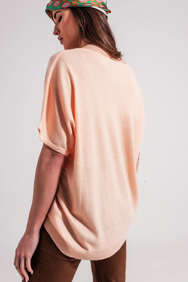 Short Sleeve Jumper With v Neck in Pink