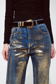 Straight Leg Jeans With Gold Metallic Finish