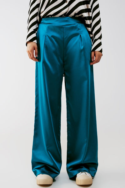 Wide Leg Satin Pants in Blue