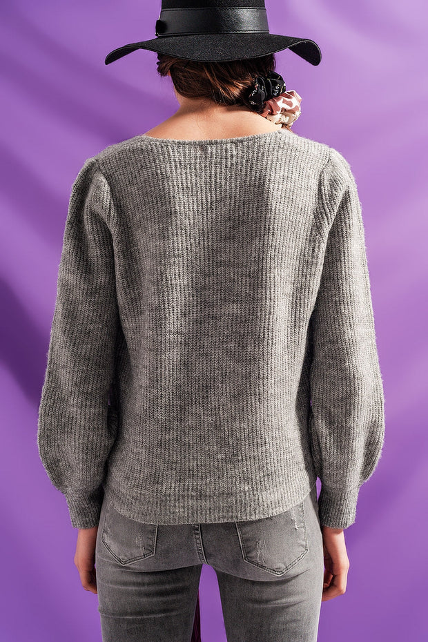 Ribbed v Neck Jumper in Grey