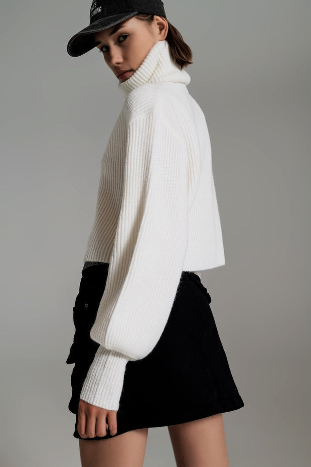 Cream Ribbed Knit Turtleneck Jumper With Balloon Sleeves