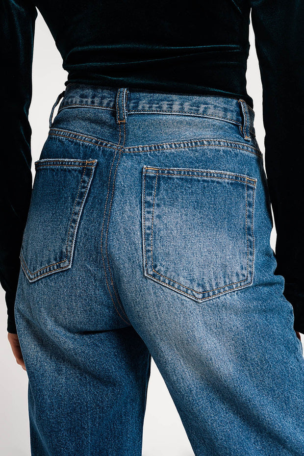 Asymmetric Button Detail Straight Jeans in Mid Blue