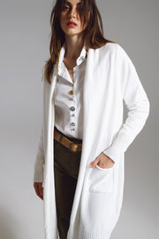 Long White Cardigan With Folded Pockets