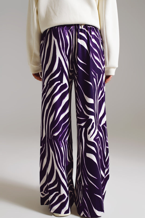 Straight Pants With Zebra Print in Purple and White