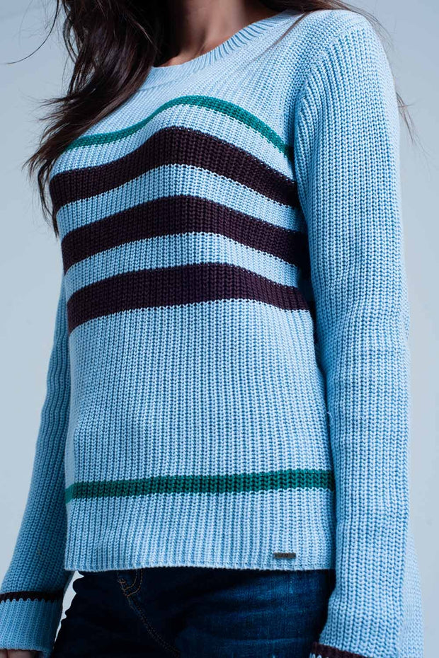 Blue Rib Stitch Sweater With Stripes