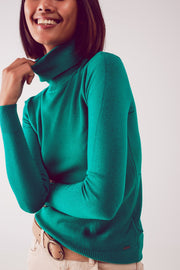 Fine Knit High Neck Jumper in Green