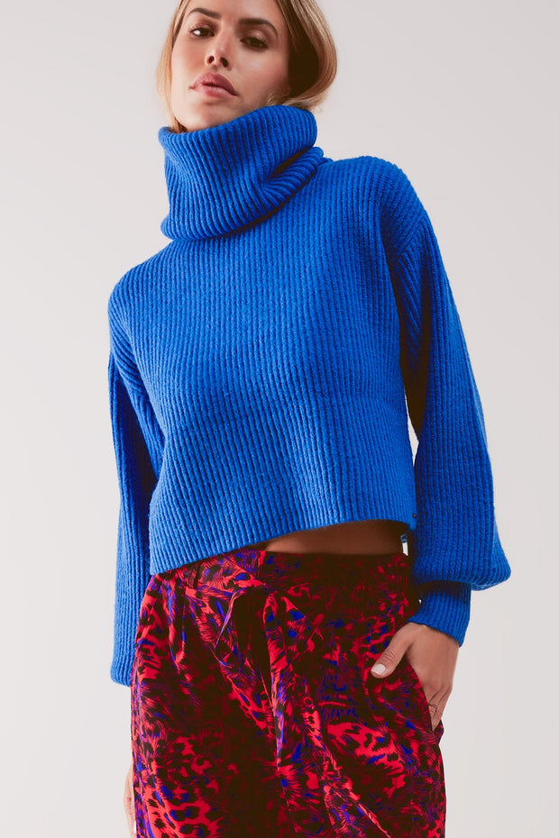 Blue Ribbed Knit Turtleneck Jumper With Balloon Sleeves