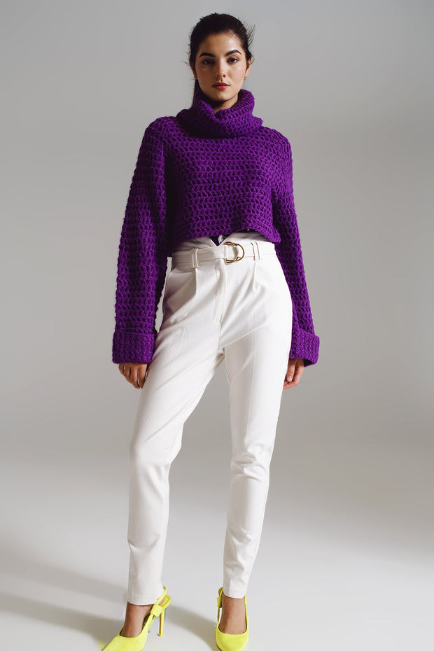 Waffle Knit Jumper With Turtle Neck and Rolled Cuffs in Purple