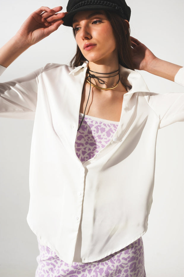 Satin Shirt With v Neck in Cream