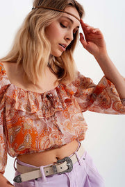 Long Sleeve Sheer Top With Shirred Waist and Tie Detail in Orange