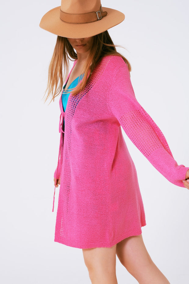 Midi Crochet Drawstring Cardigan in Pink