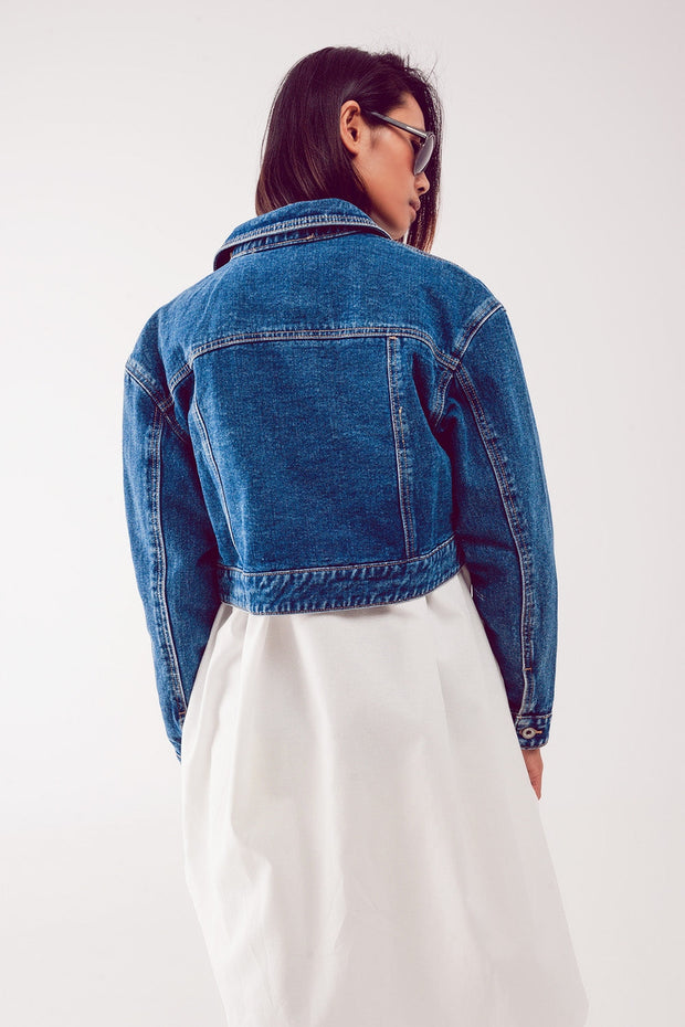 Cropped Denim Jacket in Mid Blue