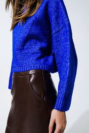 Cropped Chunky Knit Sweater With Turtle Neck in Blue