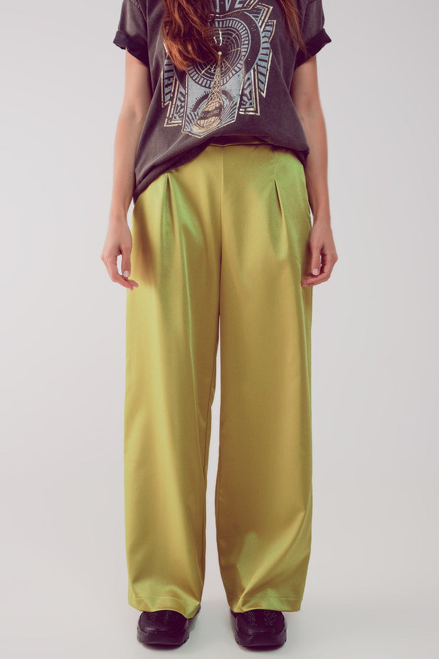 Wide Leg Satin Pants in Acid Lime