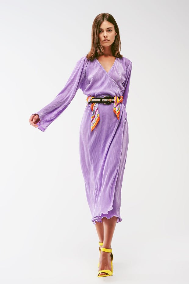 Satin Wrap Detail Pleated Dress in Lilac