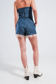 Suit Shorts With Faux Feather Hem in Blue