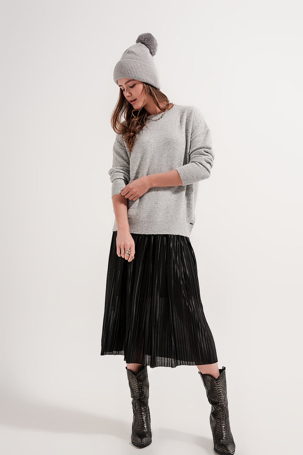 Shiny Black Pleated Midi Skirt