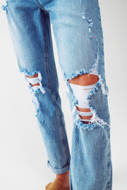 Ripped Knee Straight Leg Jeans in Light Blue Wash