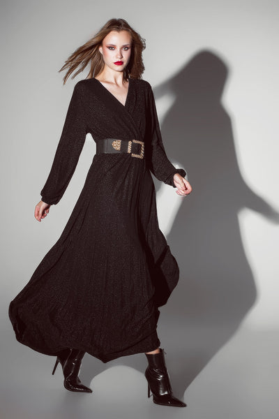 Party Long Sleeve Maxi Dress With Glitter in Black