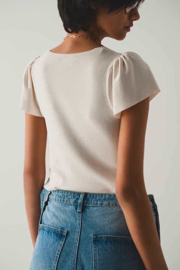 Square Neck Puff Sleeve Sweater in Cream