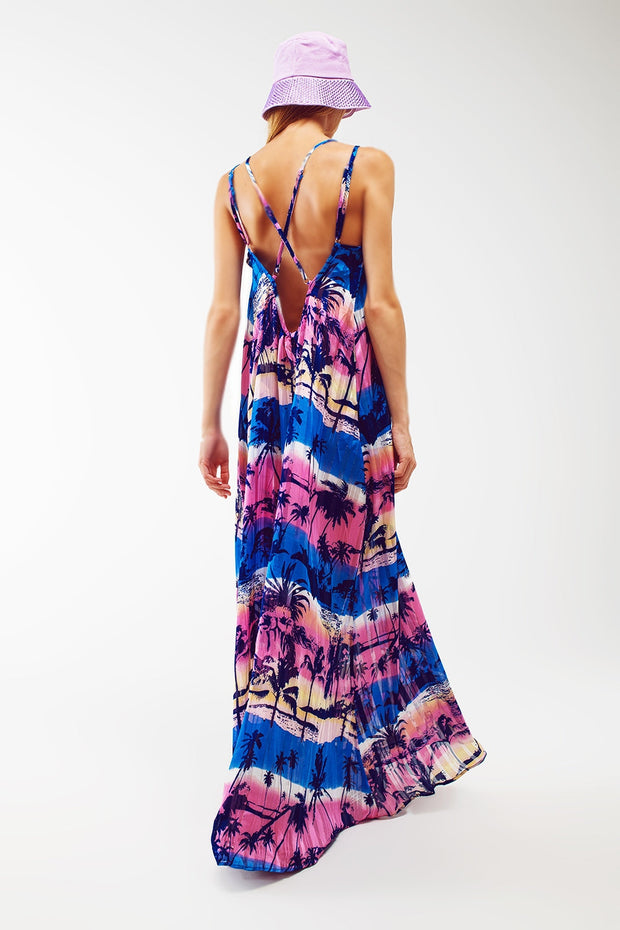 Relaxed Open Back Maxi Dress in Tropical Blue Print