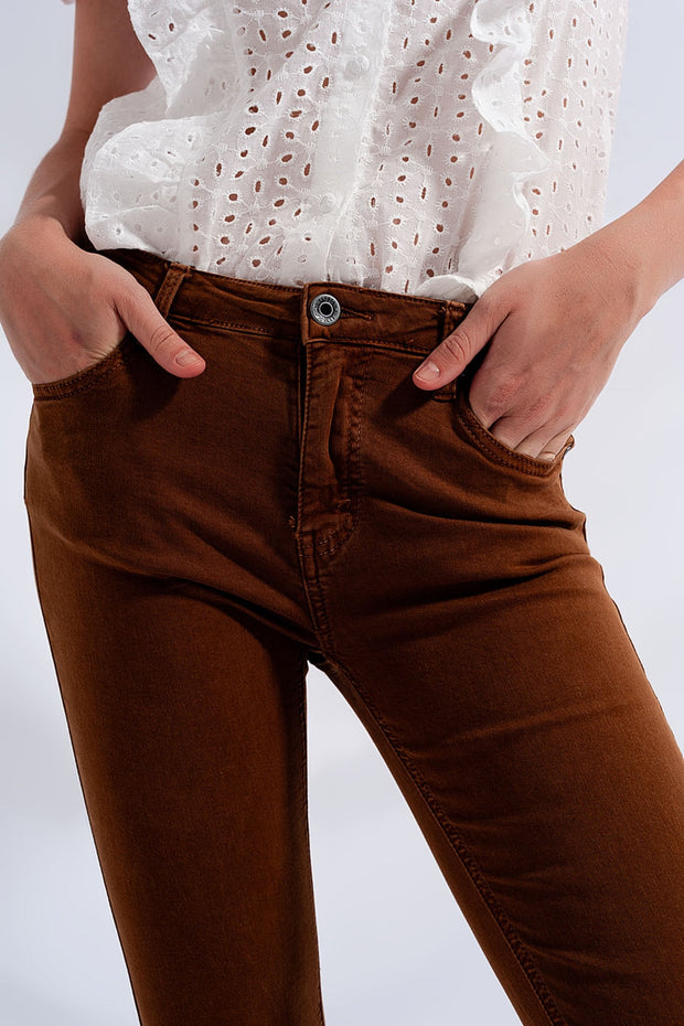 High Rise Raw Hem Flared Jeans in Brown