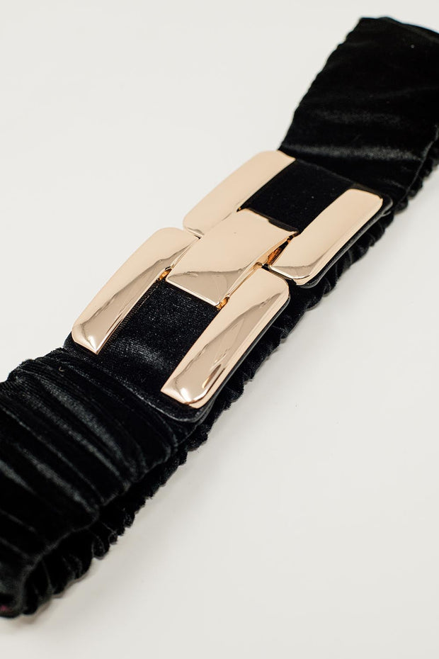 Black Elastic Velvet Belt With Metal Closure