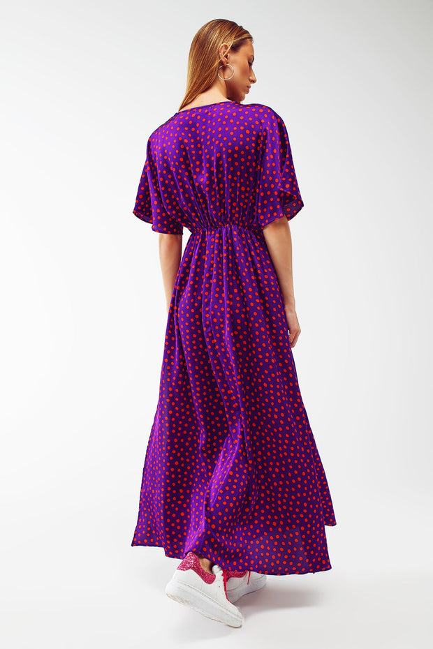 Maxi Cinched at the Waist Dress With Angel Sleeves in Purple Polka Dot